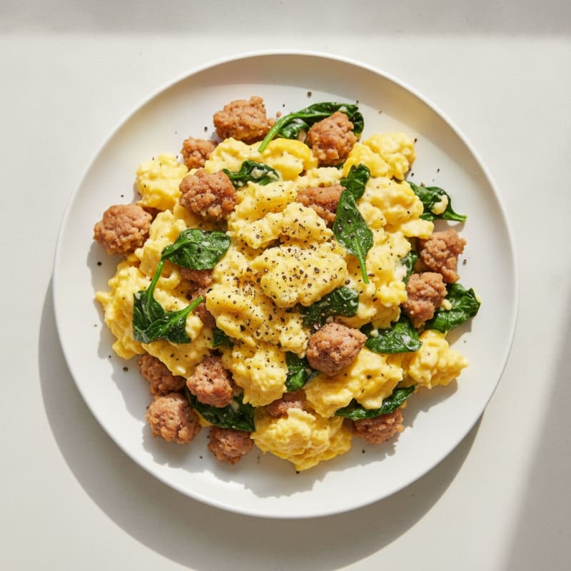 Creamy Scrambled Eggs with Turkey Sausage and Sautéed Spinach