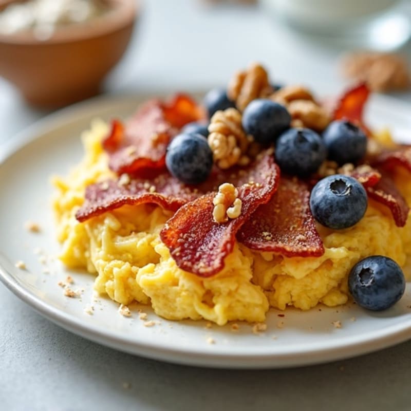 Crispy Turkey Bacon and Egg White Scramble with Greek Yogurt Parfait
