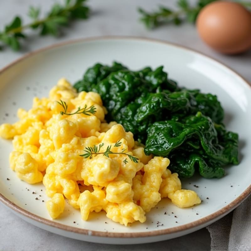 Fluffy Scrambled Eggs with Sautéed Spinach