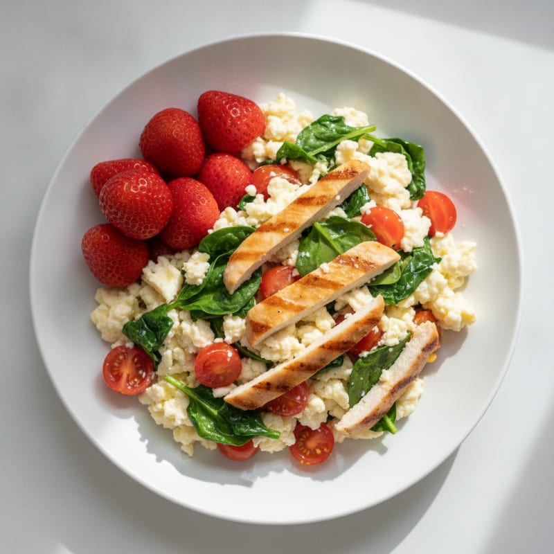 Egg White Scramble with Spinach, Tomatoes, and Grilled Chicken