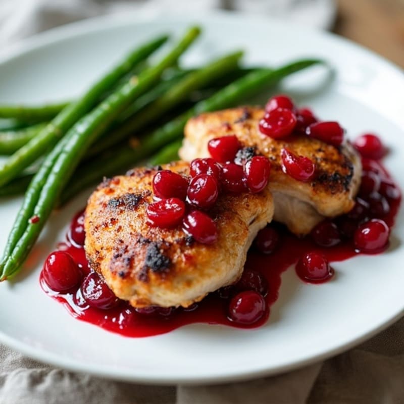 Crispy Roasted Chicken Thighs with Sweet-Tart Cranberry Sauce and Garlic Roasted Green Beans