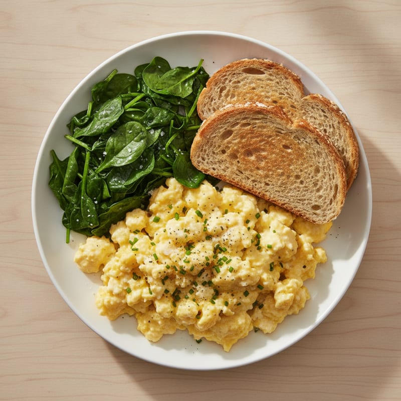 Fluffy Cottage Cheese Scrambled Eggs with Sautéed Spinach