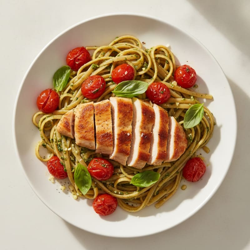 Pesto Chicken Linguine with Blistered Tomatoes