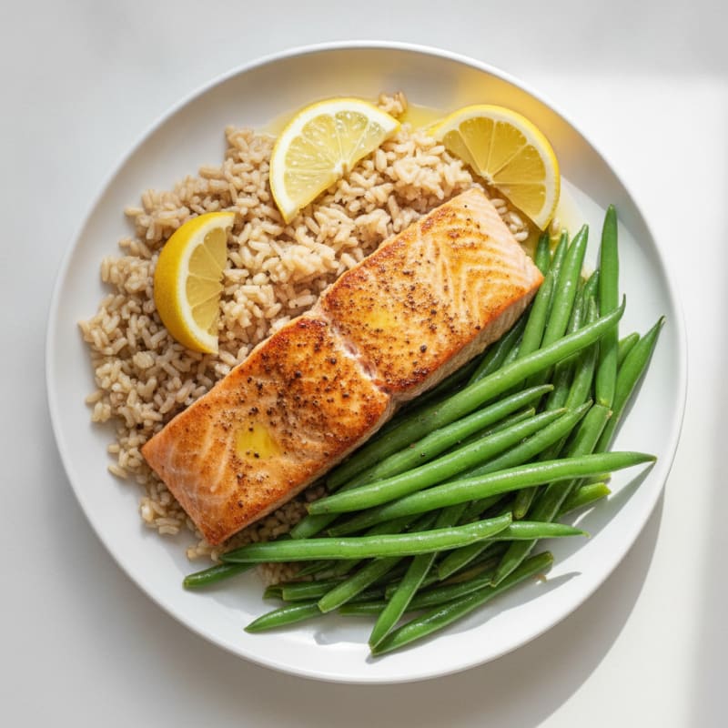 Seared Salmon with Steamed Green Beans and Brown Rice