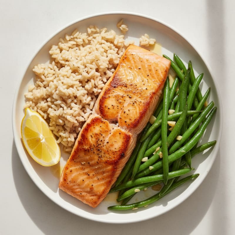 Seared Salmon with Garlic Green Beans and Brown Rice