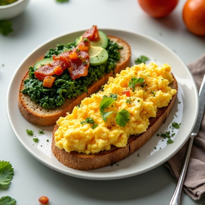 Scrambled Egg Whites with Sautéed Spinach, Turkey Bacon, and Avocado Toast
