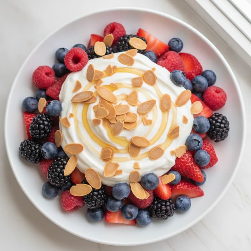 Greek Yogurt Protein Parfait with Mixed Berries and Almond Slivers
