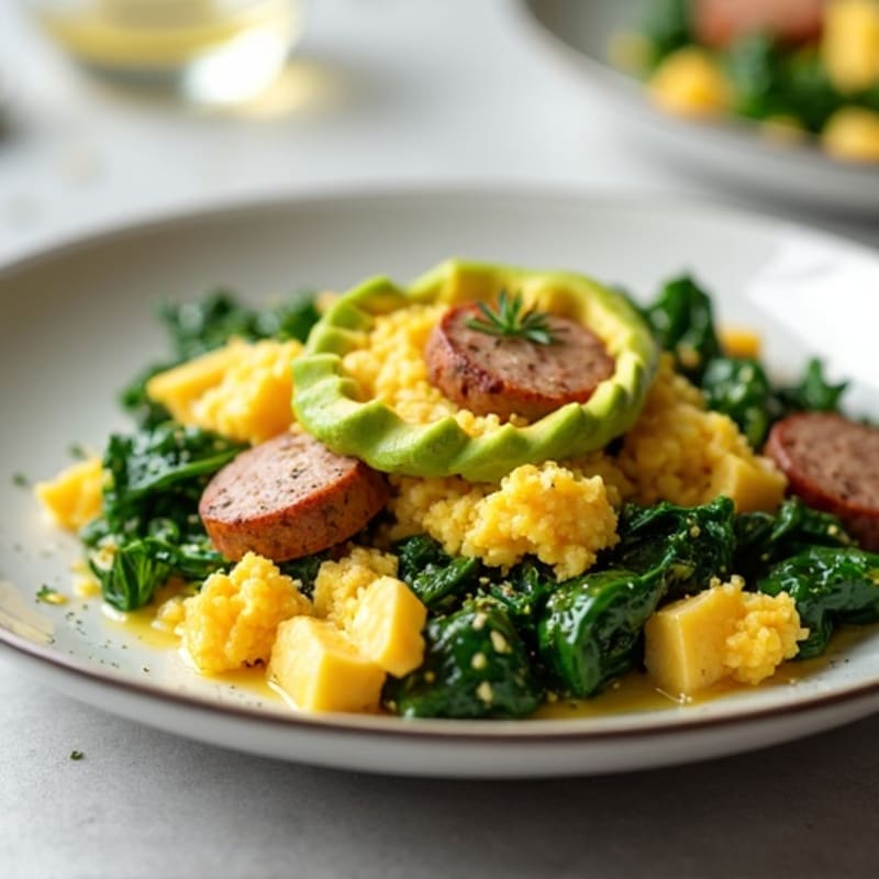 Egg White and Turkey Sausage Scramble with Sautéed Spinach