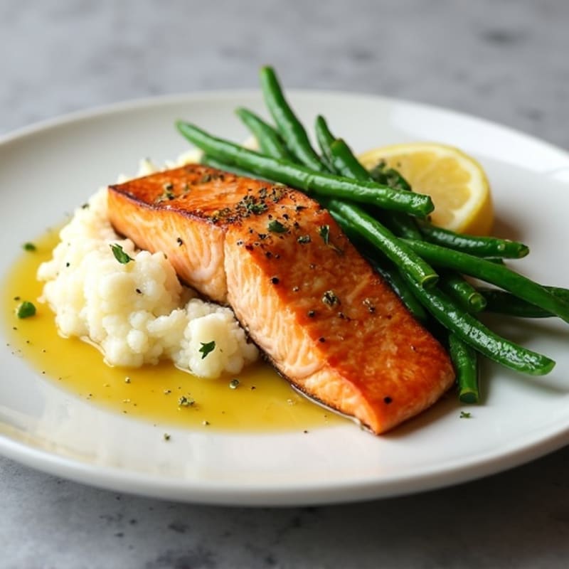 Seared Salmon with Garlic Green Beans and Cauliflower Mash