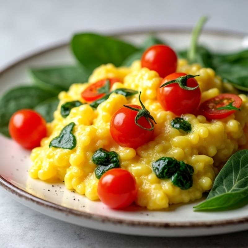 Fluffy Scrambled Eggs with Fresh Spinach and Cherry Tomatoes