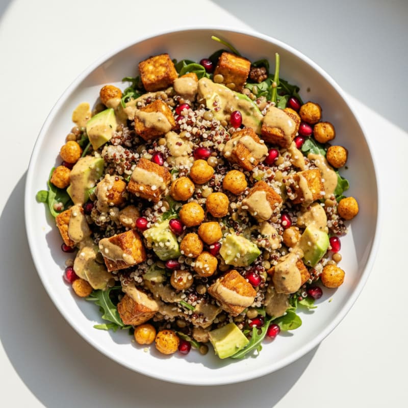 Crispy Lentil and Quinoa Salad with Avocado and Roasted Chickpeas
