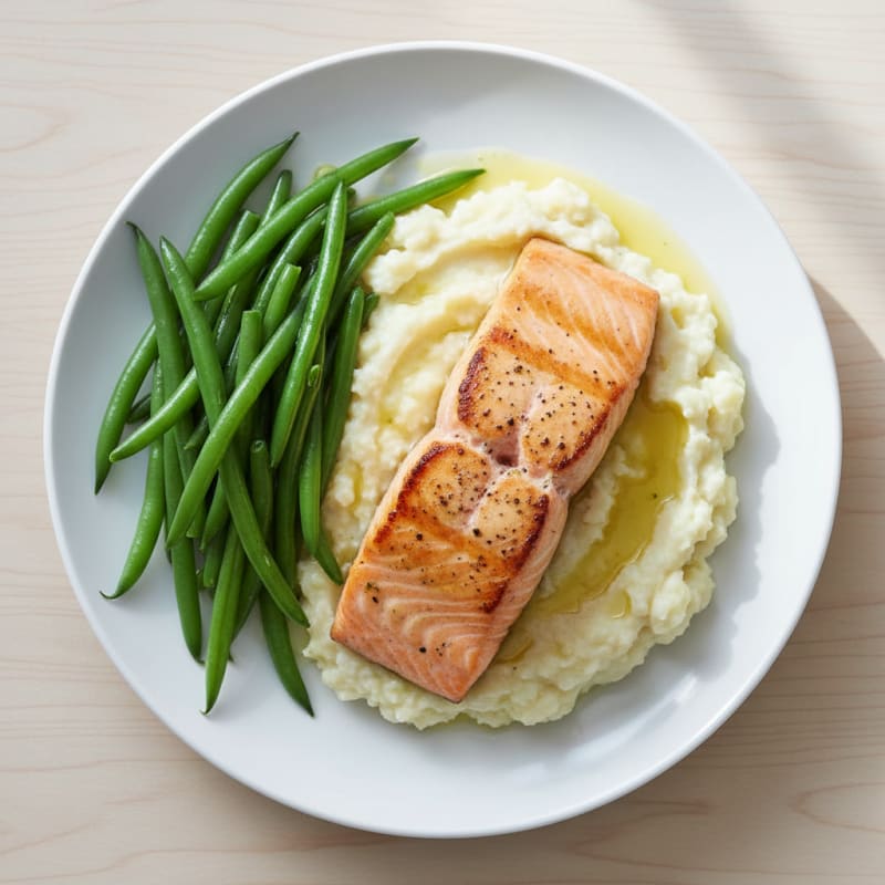 Seared Salmon with Steamed Green Beans and Cauliflower Mash