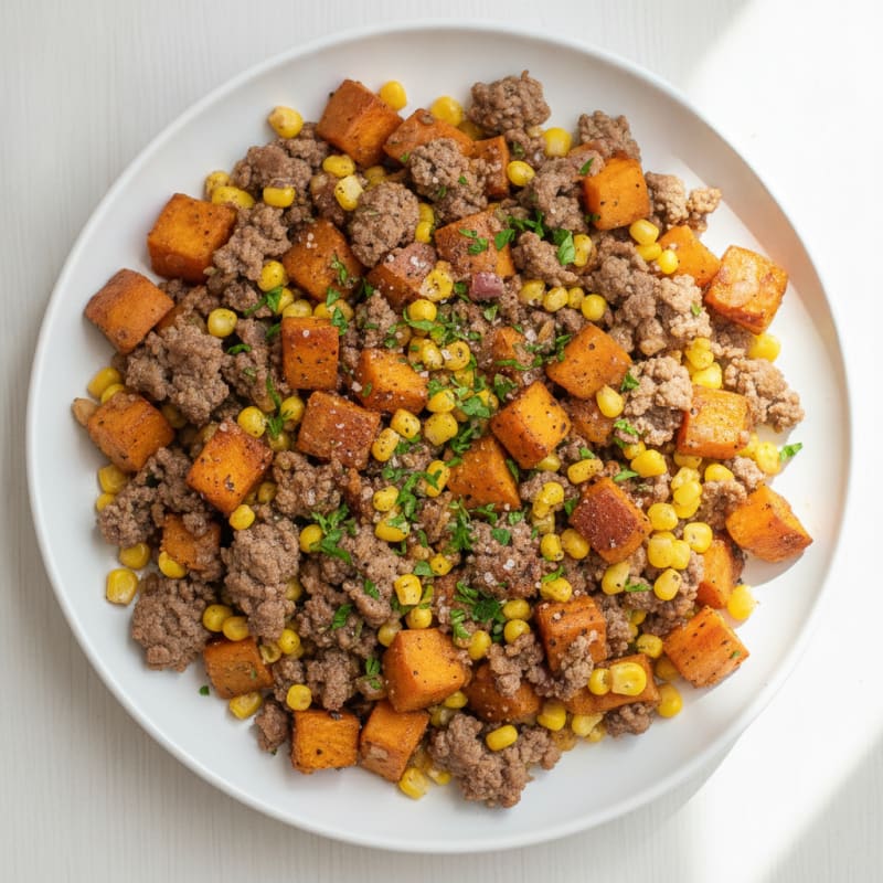 Ground Beef Skillet with Roasted Sweet Potatoes and Corn