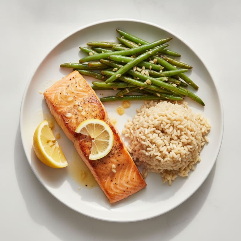 Seared Salmon with Garlic Green Beans and Brown Rice
