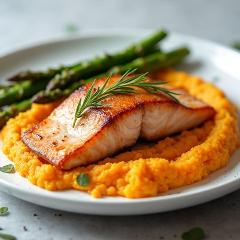 Seared Salmon with Roasted Asparagus and Sweet Potato Mash