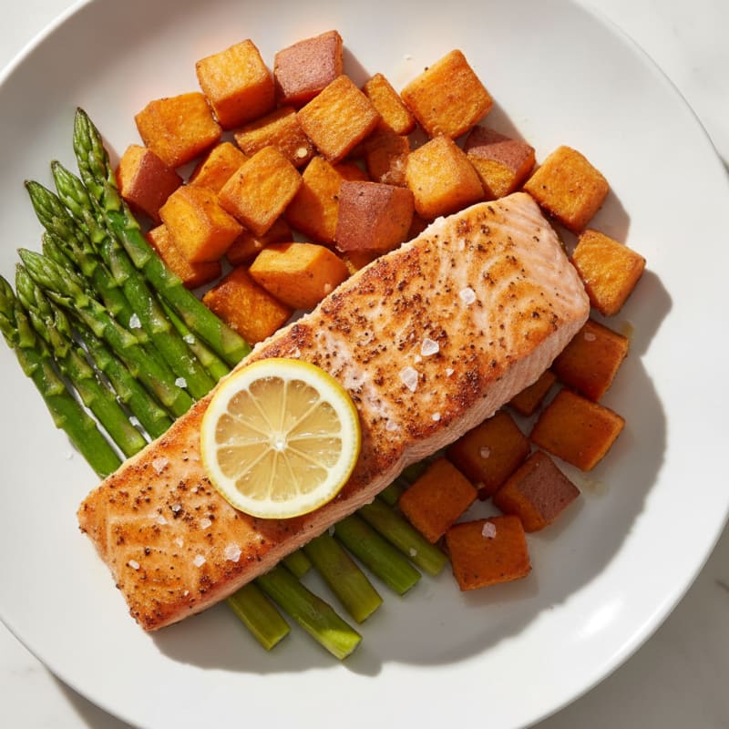 Seared Salmon Fillet with Roasted Sweet Potatoes and Asparagus