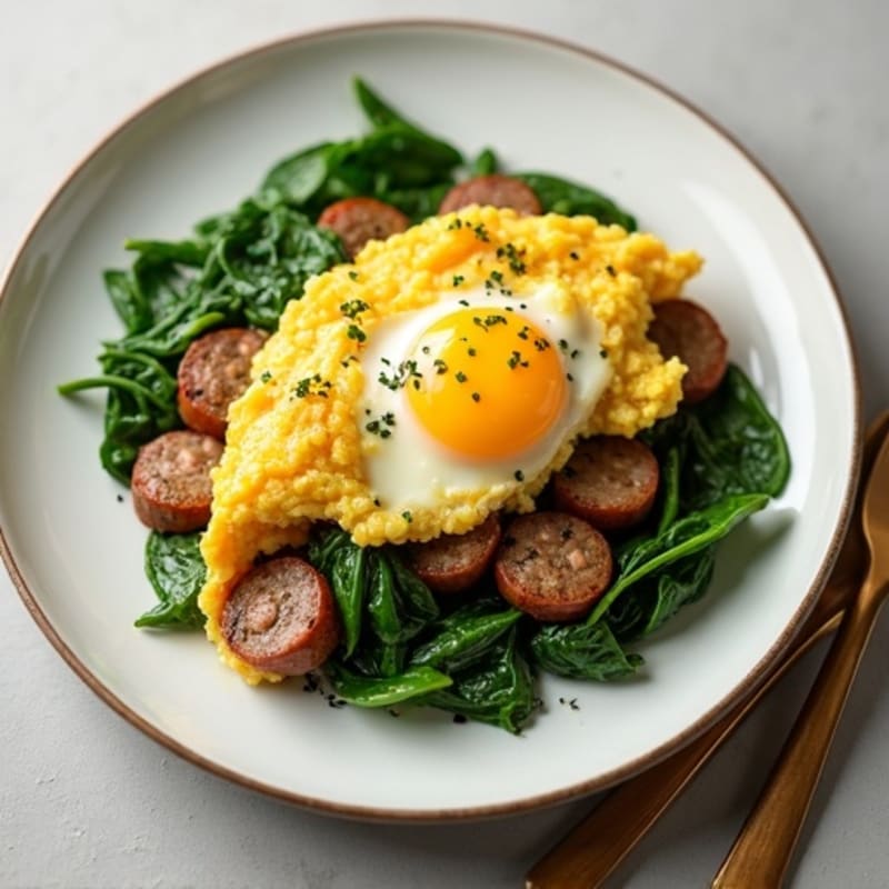 Fluffy Egg White Scramble with Lean Turkey Sausage and Fresh Spinach