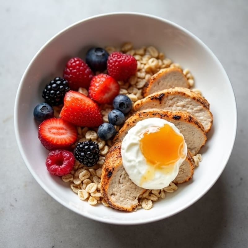 Creamy Greek Yogurt Oats with Sliced Chicken Breast and Mixed Berries