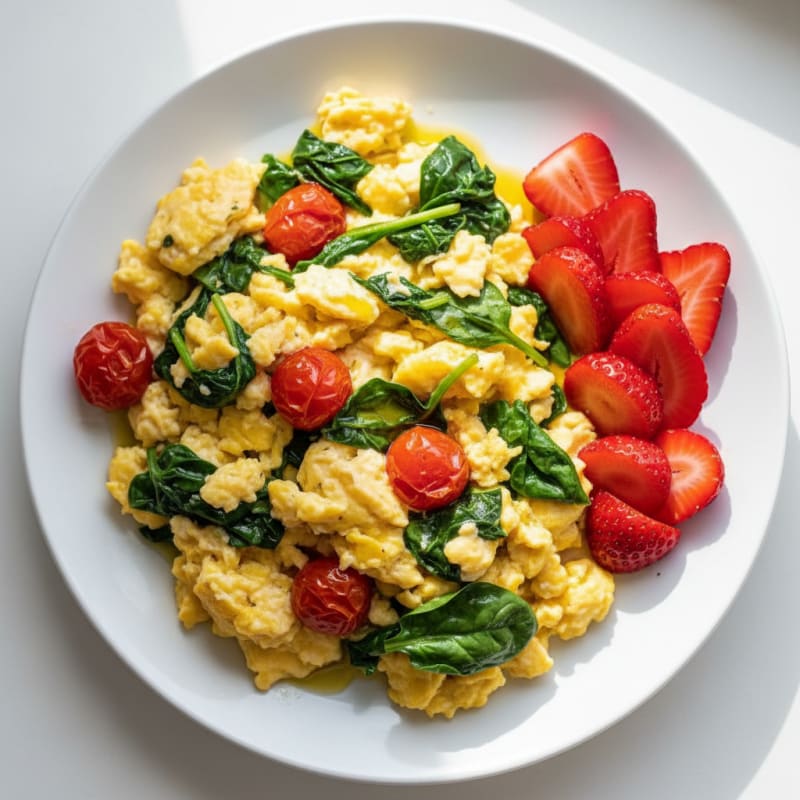 Scrambled Eggs with Sautéed Spinach and Cherry Tomatoes