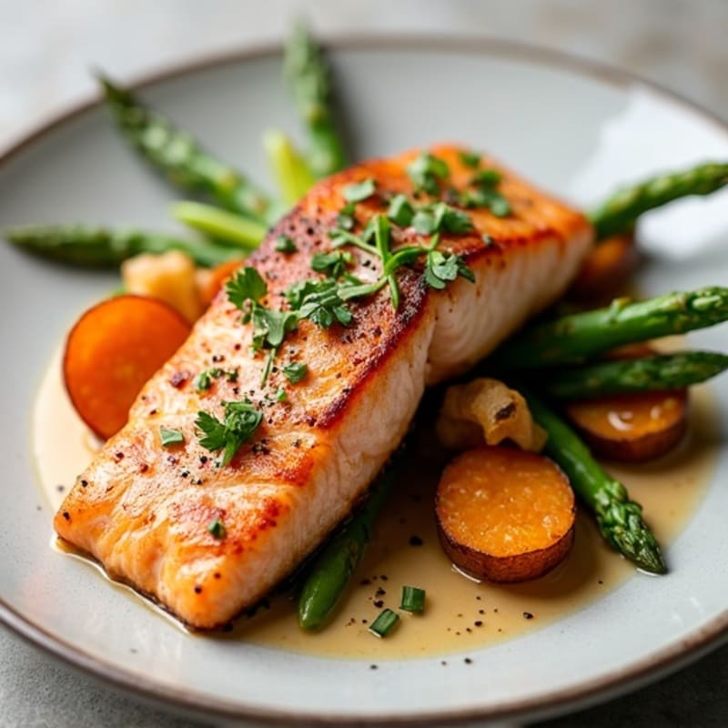 Seared Salmon with Roasted Sweet Potato and Asparagus with Hibachi Egg White Sauce