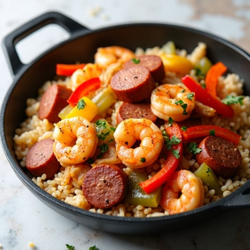 Hearty Chicken, Shrimp, and Lean Sausage Rice Skillet
