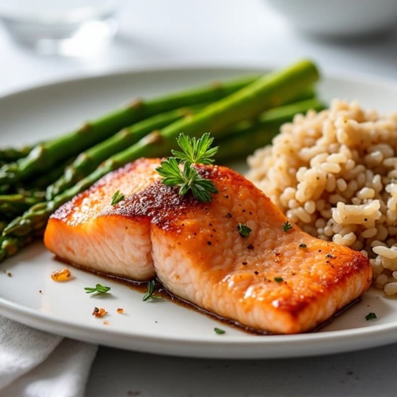 Seared Salmon Fillet with Steamed Asparagus and Brown Rice