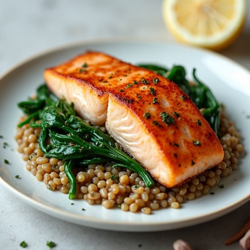 Seared Salmon with Garlic Spinach and Lentil Mash