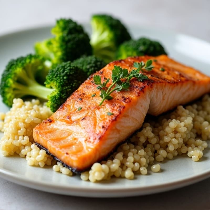 Seared Salmon with Steamed Broccoli and Quinoa