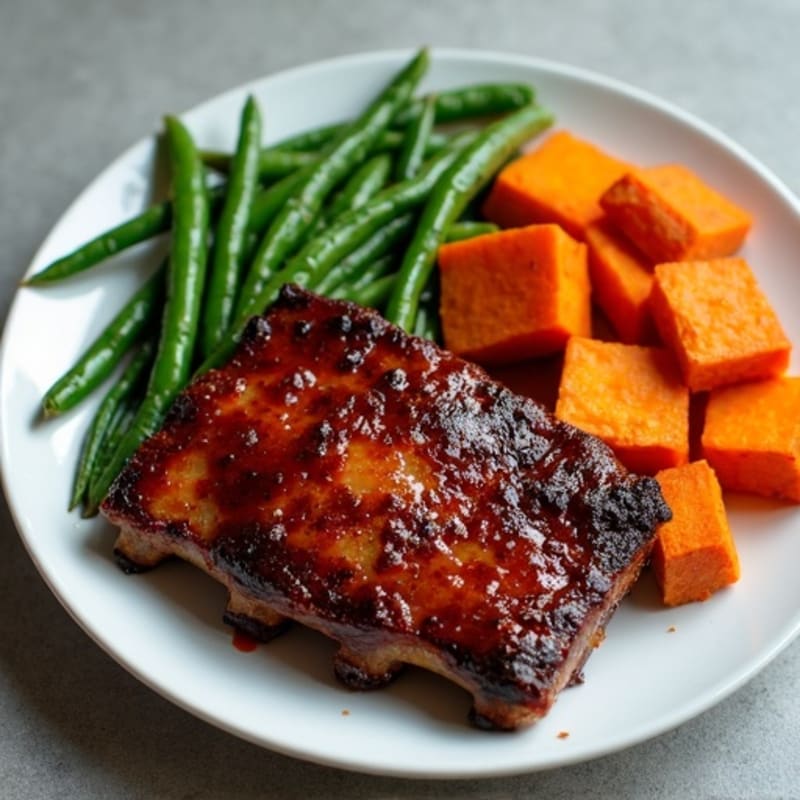 Smoked BBQ Pork Ribs with Crispy Roasted Sweet Potatoes and Steamed Green Beans