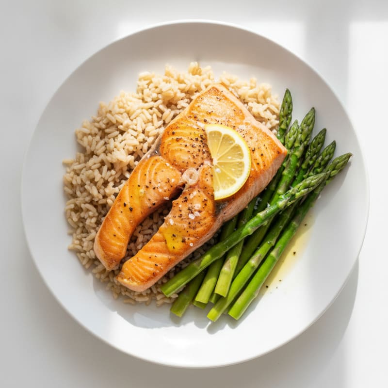 Seared Salmon with Steamed Asparagus and Brown Rice