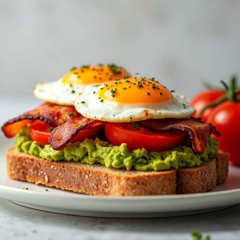 Loaded Whole Grain Avocado Toast with Crispy Bacon and Fresh Tomato