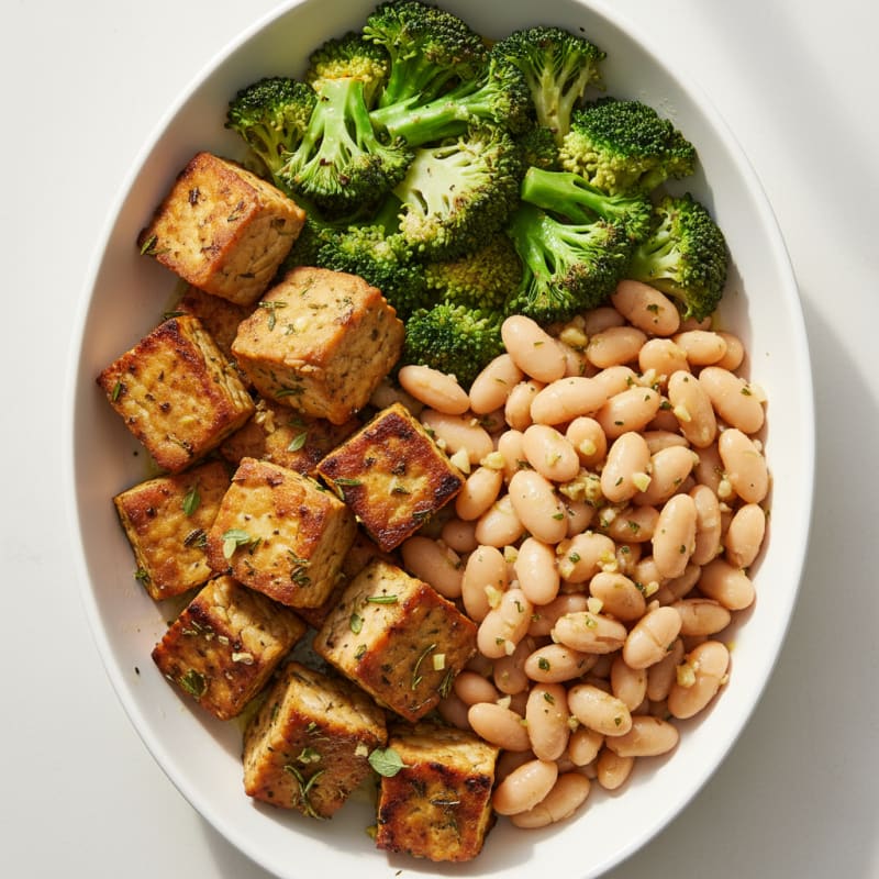 Herb-Grilled Tempeh with Steamed Broccoli and Garlic White Beans