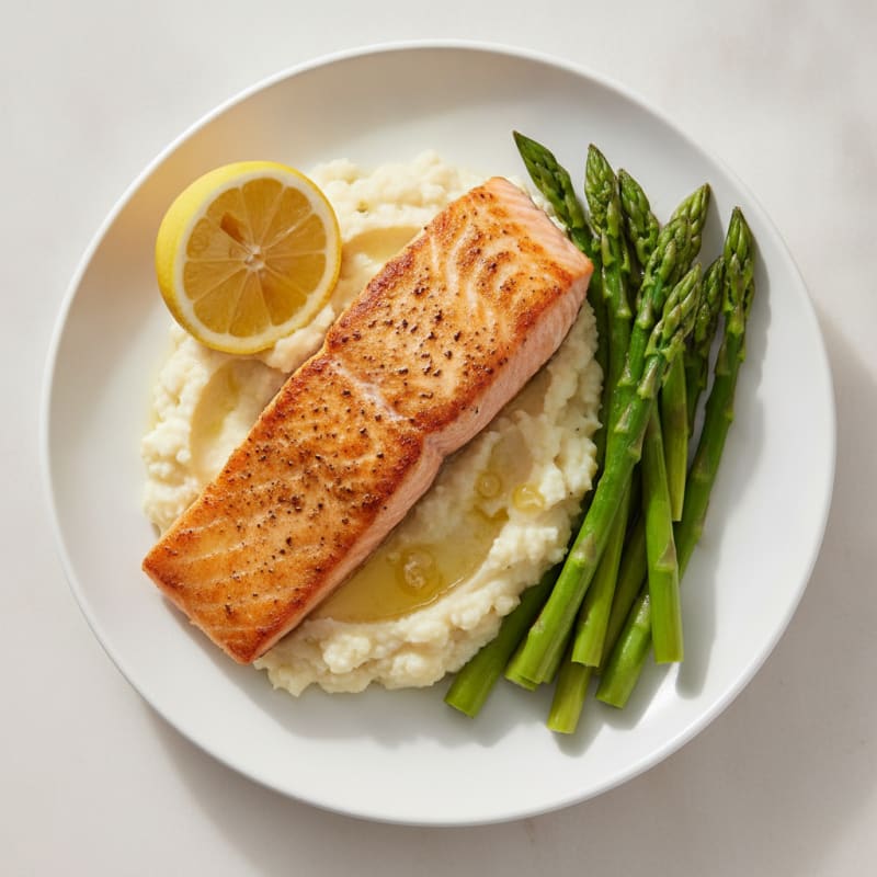 Seared Salmon with Steamed Asparagus and Garlic Cauliflower Mash