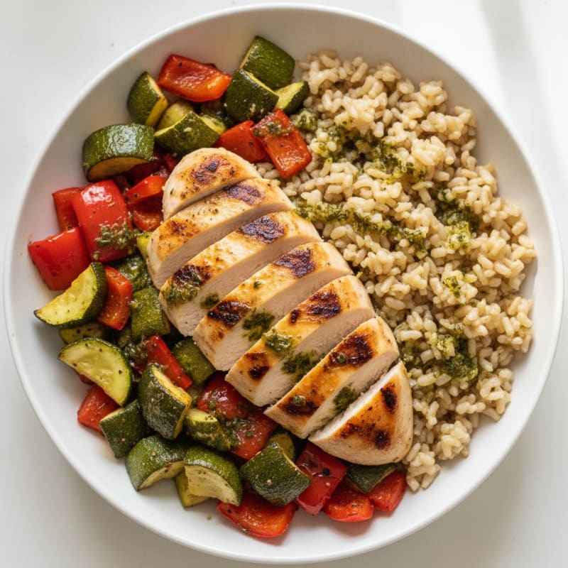 Grilled Chicken Breast and Brown Rice Bowl with Roasted Vegetables