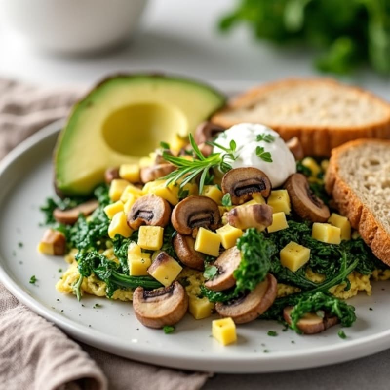Egg White Spinach Scramble with Cottage Cheese and Sautéed Mushrooms