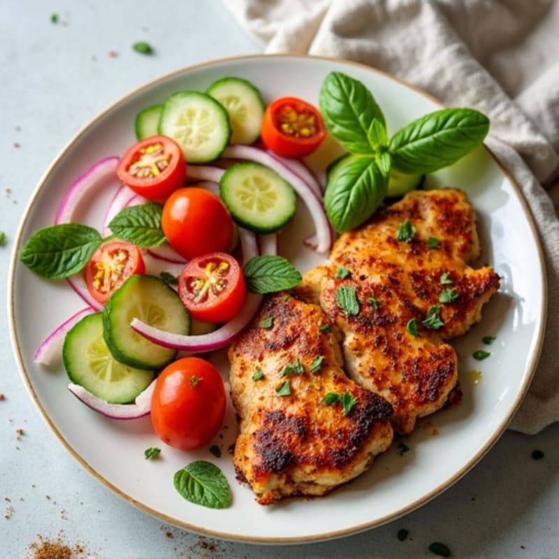 Pan-Seared Spiced Chicken with Crisp Cucumber and Tomato Salad