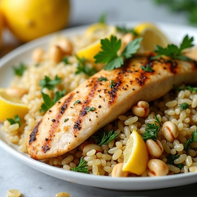 Fresh Herb and Lemon Rice Pilaf with Toasted Pine Nuts and Grilled Chicken