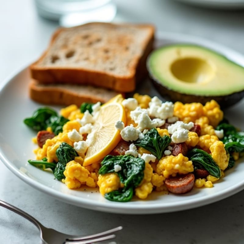 Egg White Scramble with Turkey Sausage and Sautéed Spinach