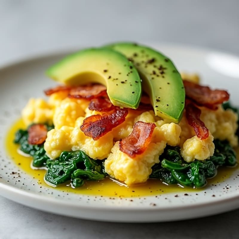 Cottage Cheese Egg White Scramble with Spinach and Turkey Bacon