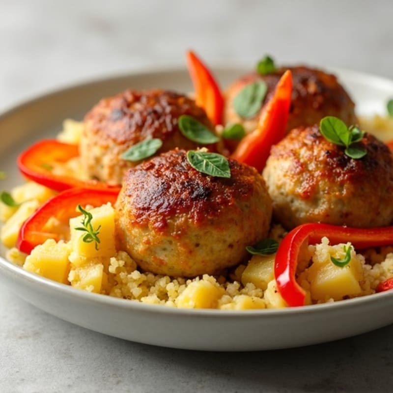 Baked Chicken Meatballs with Crushed Potatoes, Fresh Bell Pepper, Smoked Cheese Cubes and Creamy Mustard Dip