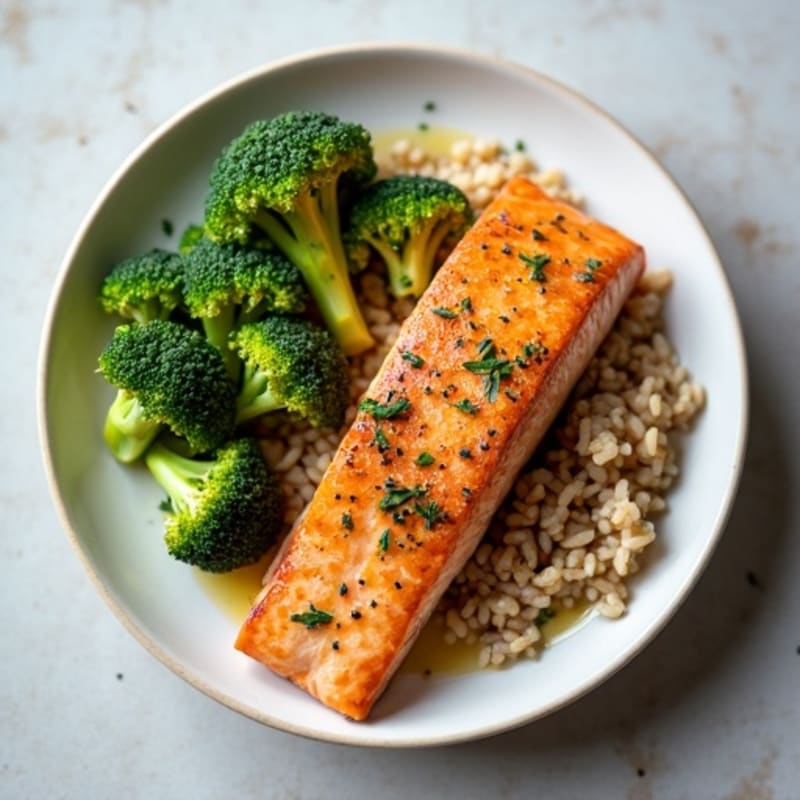 Seared Salmon with Steamed Broccoli and Brown Rice