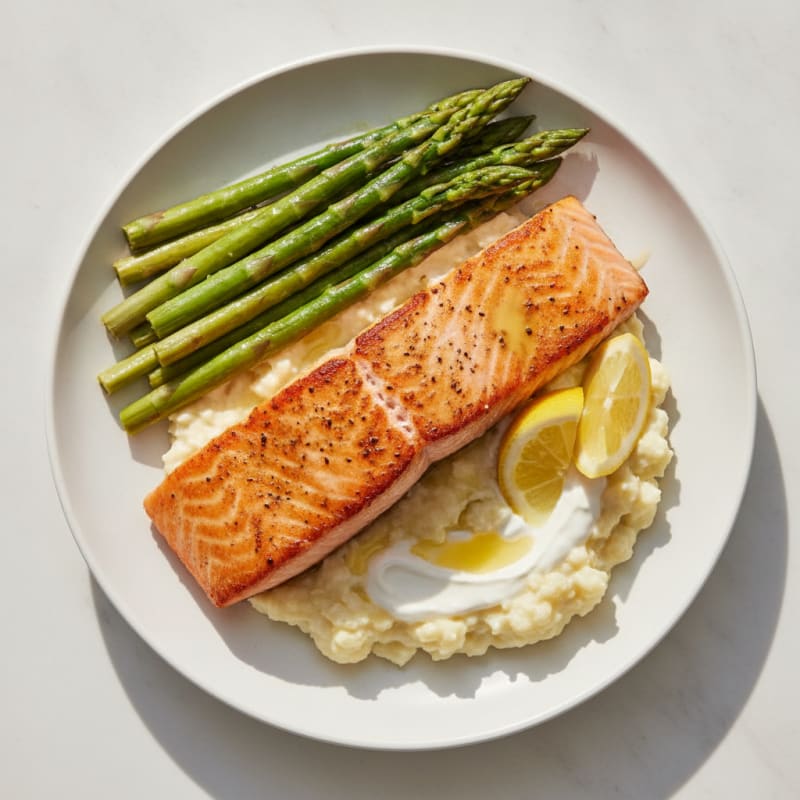 Seared Salmon with Steamed Asparagus and Garlic Mashed Cauliflower