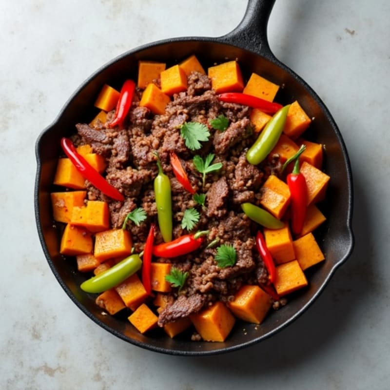 Hearty Beef Skillet with Sweet Potato and Peppers