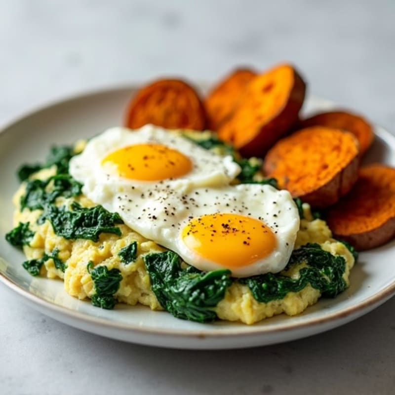 Egg White and Cottage Cheese Scramble with Spinach and Roasted Sweet Potatoes