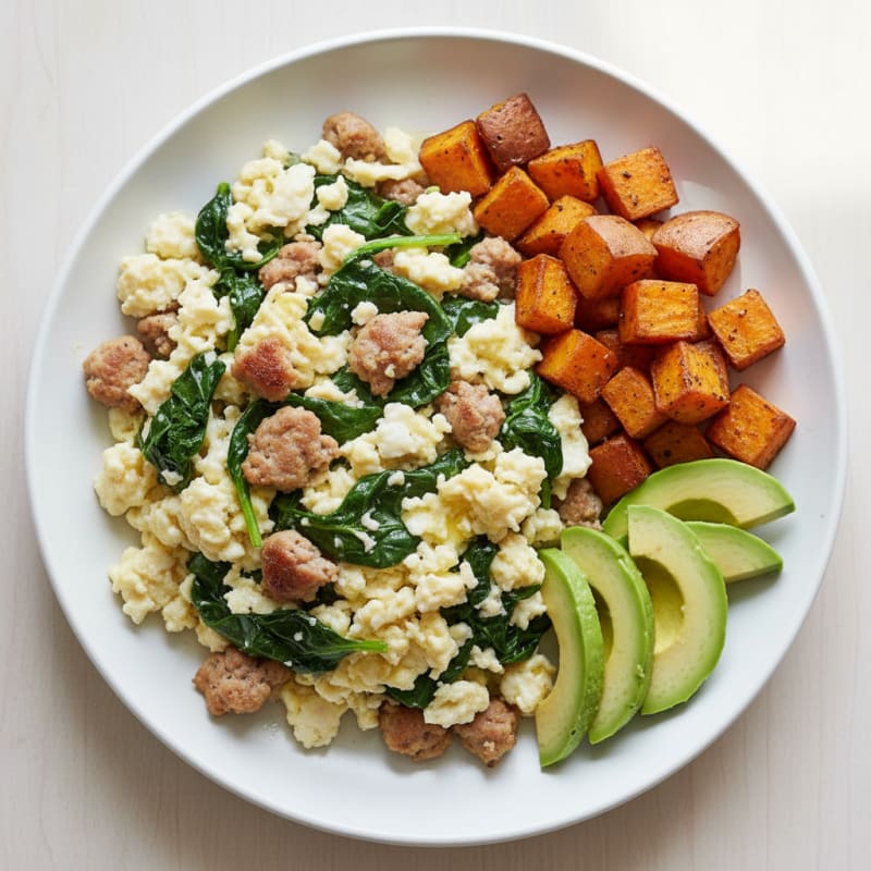 Egg White Scramble with Turkey Sausage and Sautéed Spinach
