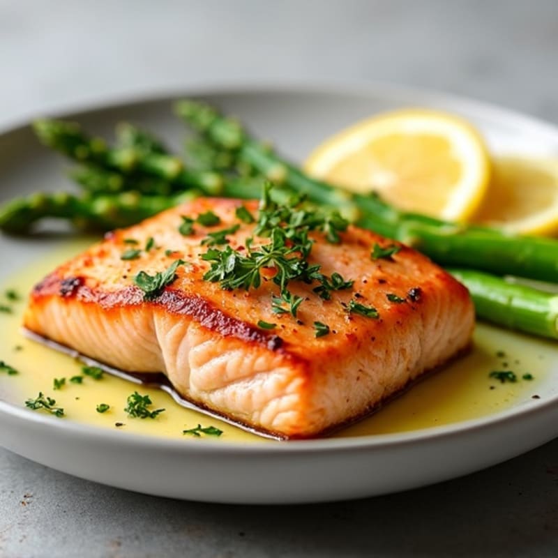 Lemon Garlic Pan Seared Salmon with Steamed Asparagus