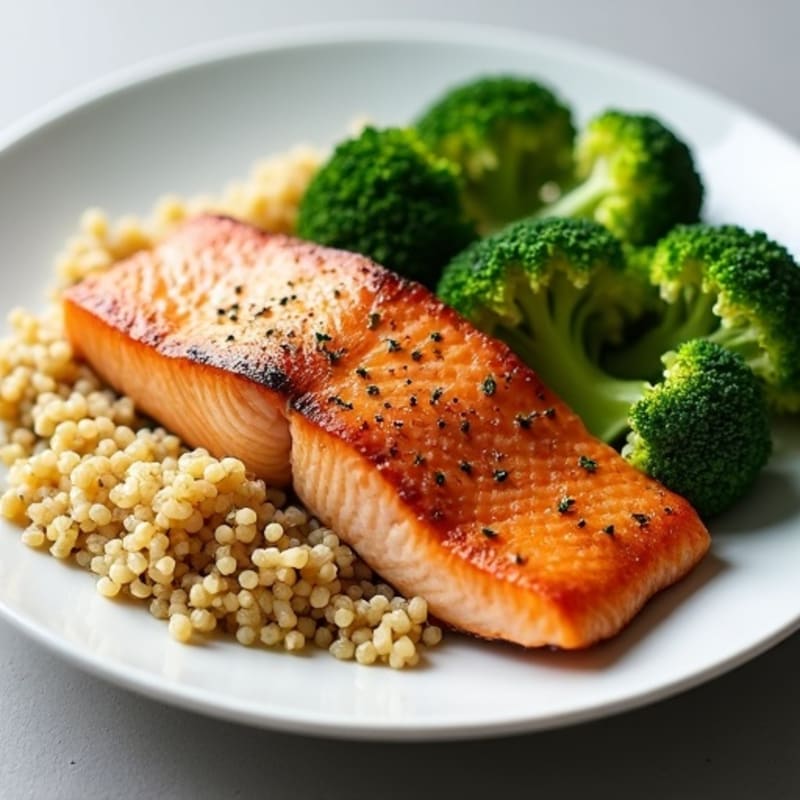 Seared Salmon with Steamed Broccoli and Quinoa