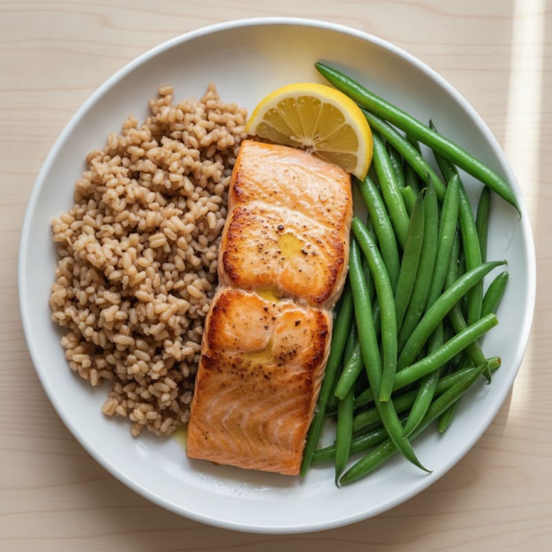Seared Salmon with Steamed Green Beans and Brown Rice
