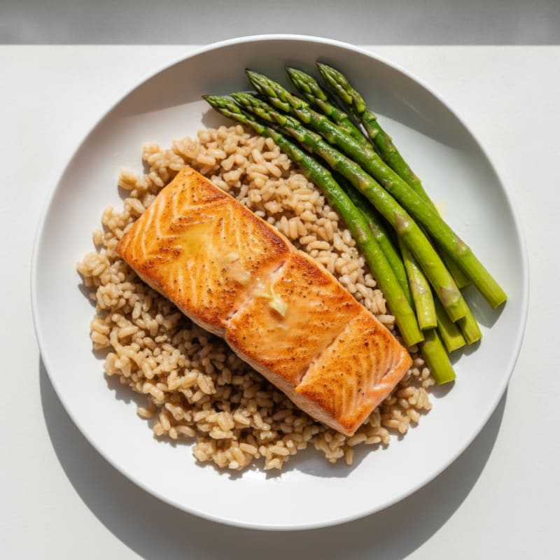 Seared Salmon with Steamed Asparagus and Brown Rice