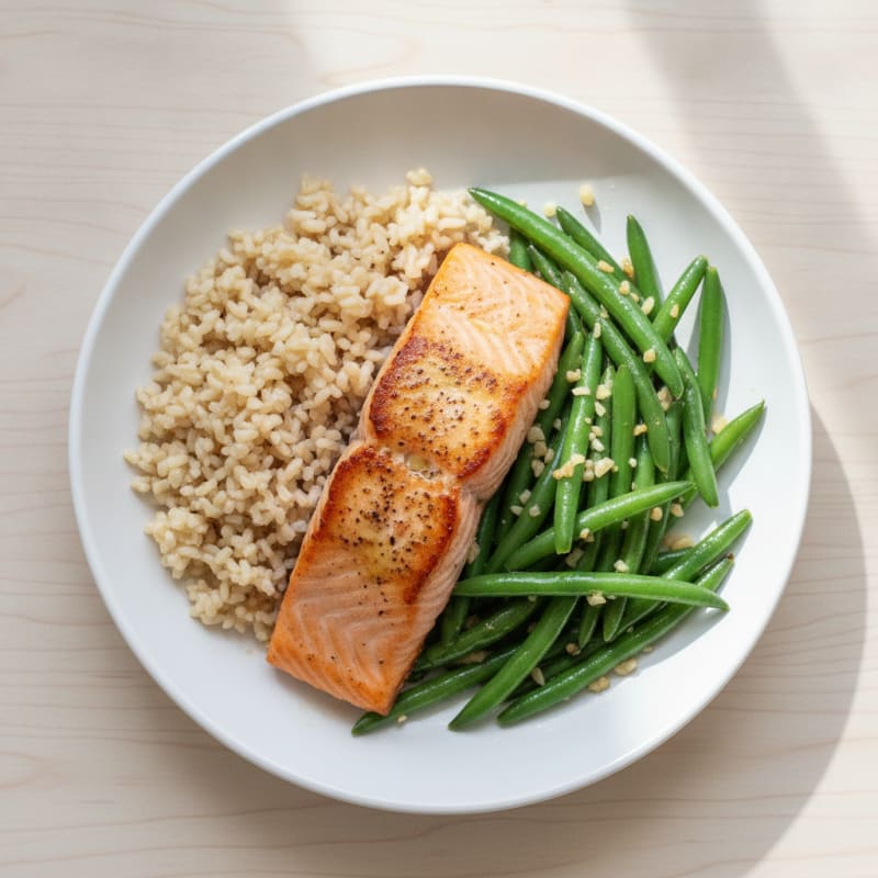 Pan-Seared Salmon with Garlic Green Beans and Brown Rice